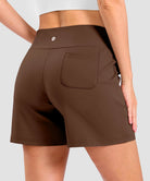elastic waist bermuda shorts 5" in brown - on model back view