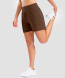 elastic waist bermuda shorts 5" in brown - on model side view