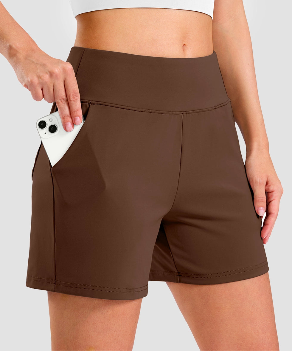 elastic waist bermuda shorts 5" in brown - pocket detail view