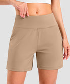 elastic waist bermuda shorts 5" in khaki - front view