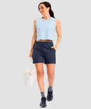 elastic waist bermuda shorts 5" in navy - on model view