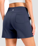 elastic waist bermuda shorts 5" in navy - on model back view