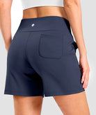elastic waist bermuda shorts 5" in navy - on model back view