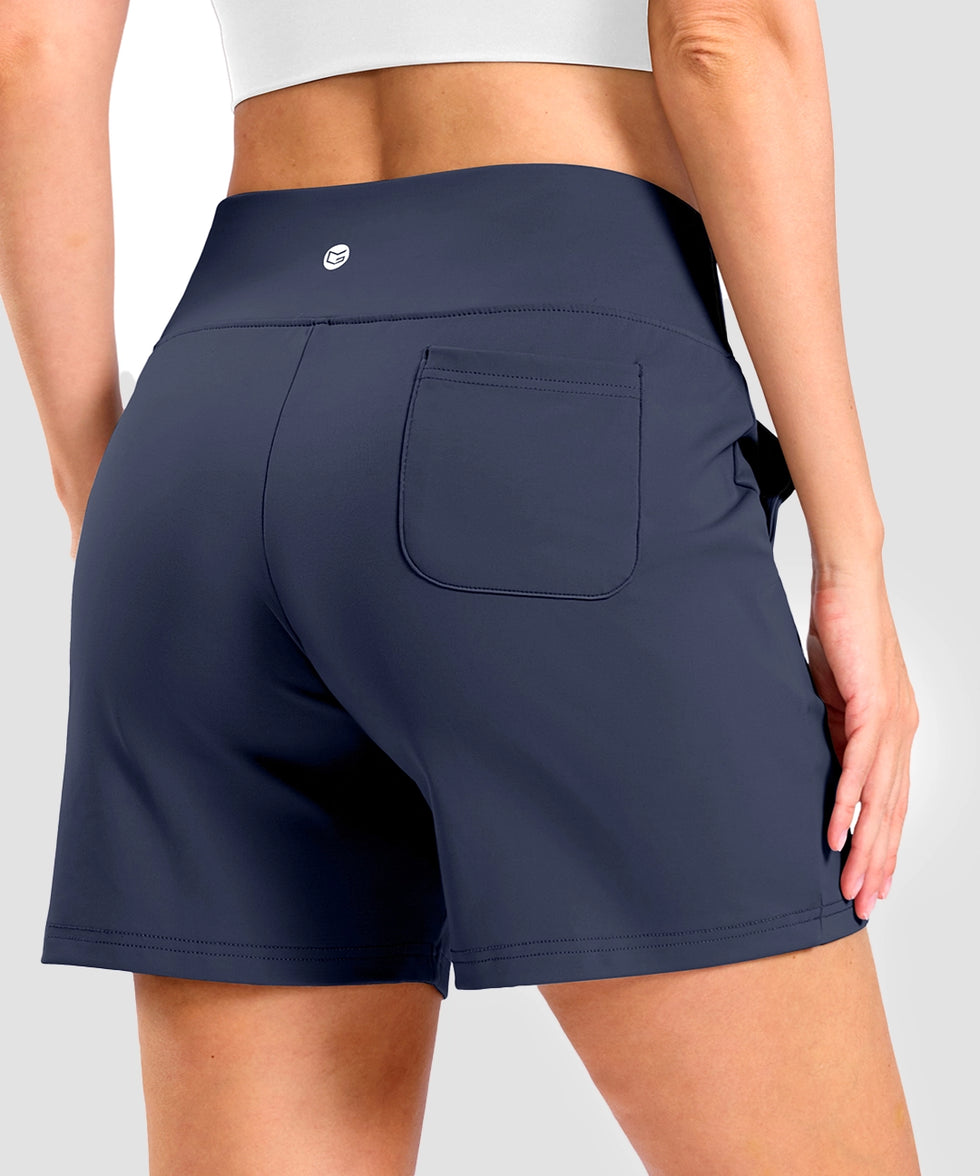 elastic waist bermuda shorts 5" in navy - on model back view
