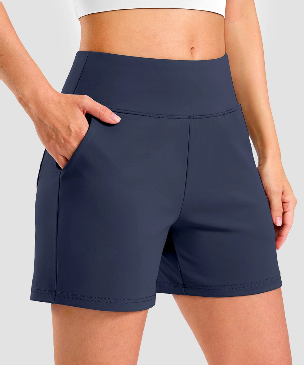 elastic waist bermuda shorts 5" in navy - on model front view