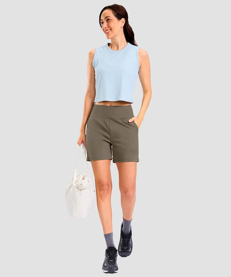 elastic waist bermuda shorts 5" in olive khaki - on model view
