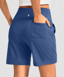 elastic waist bermuda shorts 7" in blue - on model back view