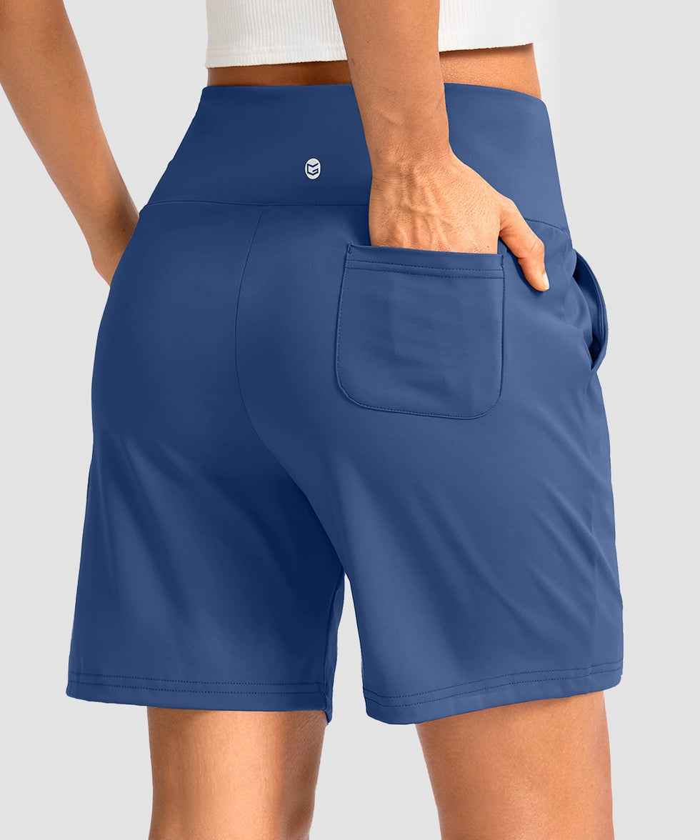 elastic waist bermuda shorts 7" in blue - on model back view