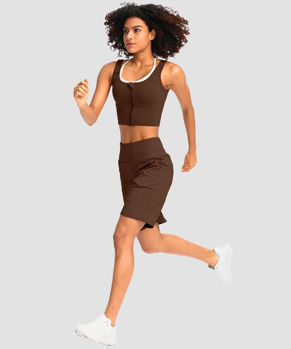 elastic waist bermuda shorts 7" in brown - on model exercise view