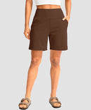 elastic waist bermuda shorts 7" in brown - on model front view