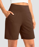 elastic waist bermuda shorts 7" in brown - pocket detail view