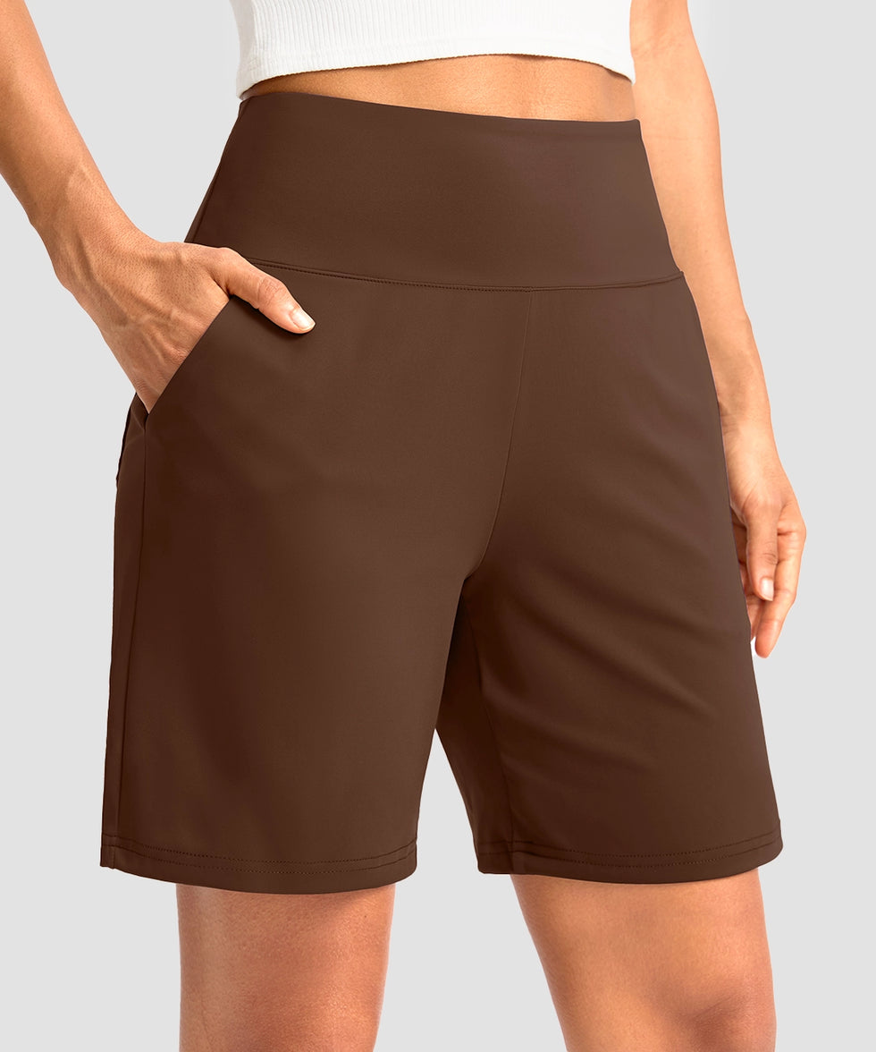 elastic waist bermuda shorts 7" in brown - pocket detail view