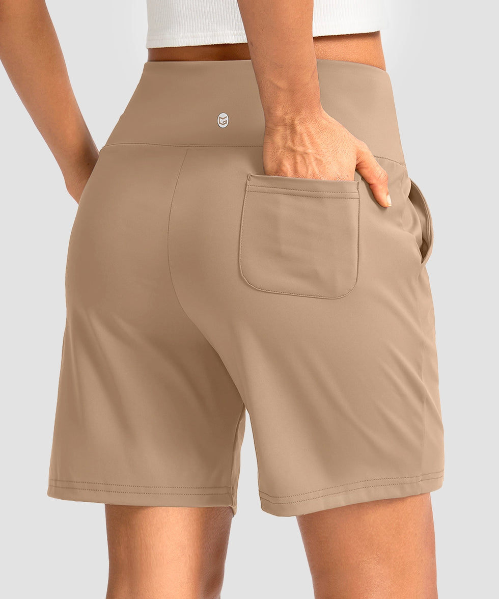 elastic waist bermuda shorts 7" in khaki - on model back view