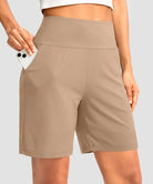 elastic waist bermuda shorts 7" in khaki - pocket detail view