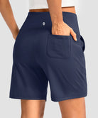 elastic waist bermuda shorts 7" in navy - on model back view