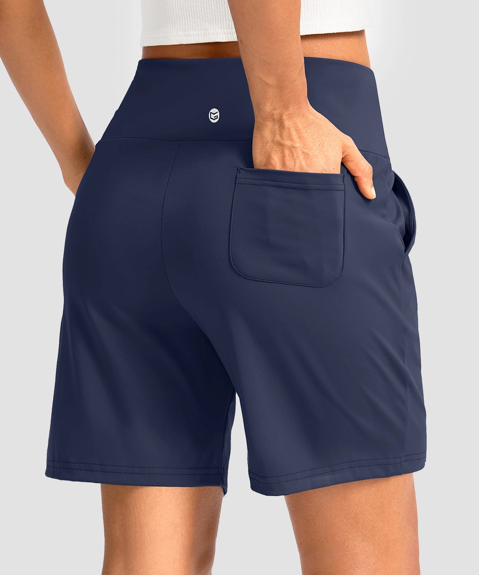 elastic waist bermuda shorts 7" in navy - on model back view