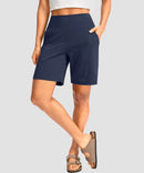 elastic waist bermuda shorts 7" in navy - on model front view
