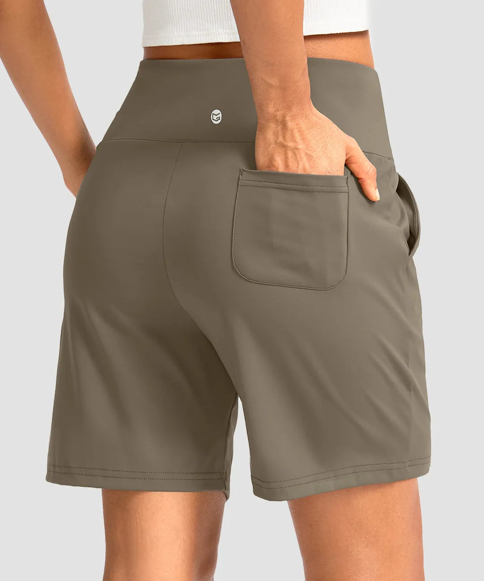elastic waist bermuda shorts 7" in olive khaki - on model back view