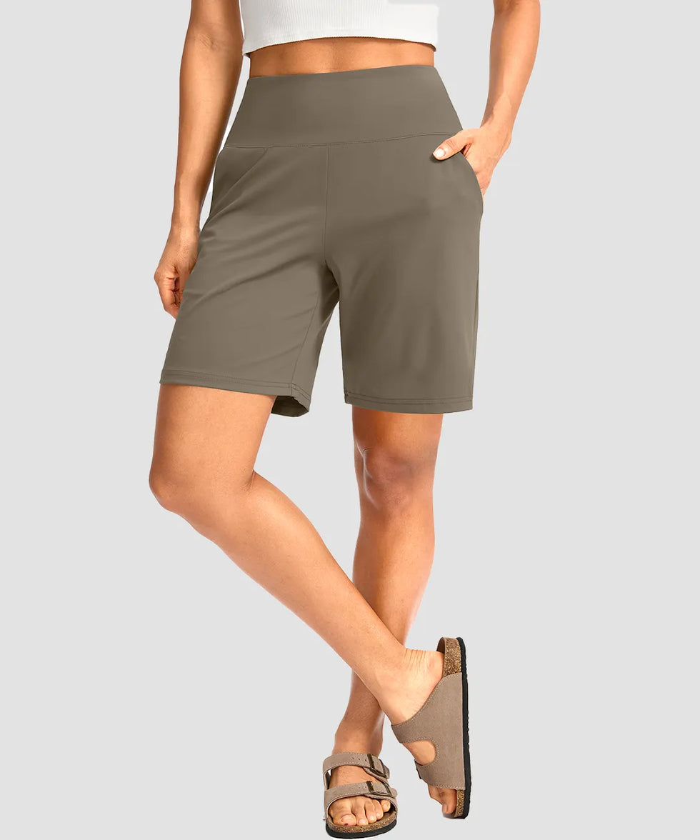elastic waist bermuda shorts 7" in olive khaki - on model front view