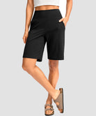 elastic waist bermuda shorts 9" in black - on model front view