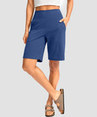 elastic waist bermuda shorts 9" in blue - front view