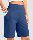 elastic waist bermuda shorts 9" in blue - on model front view