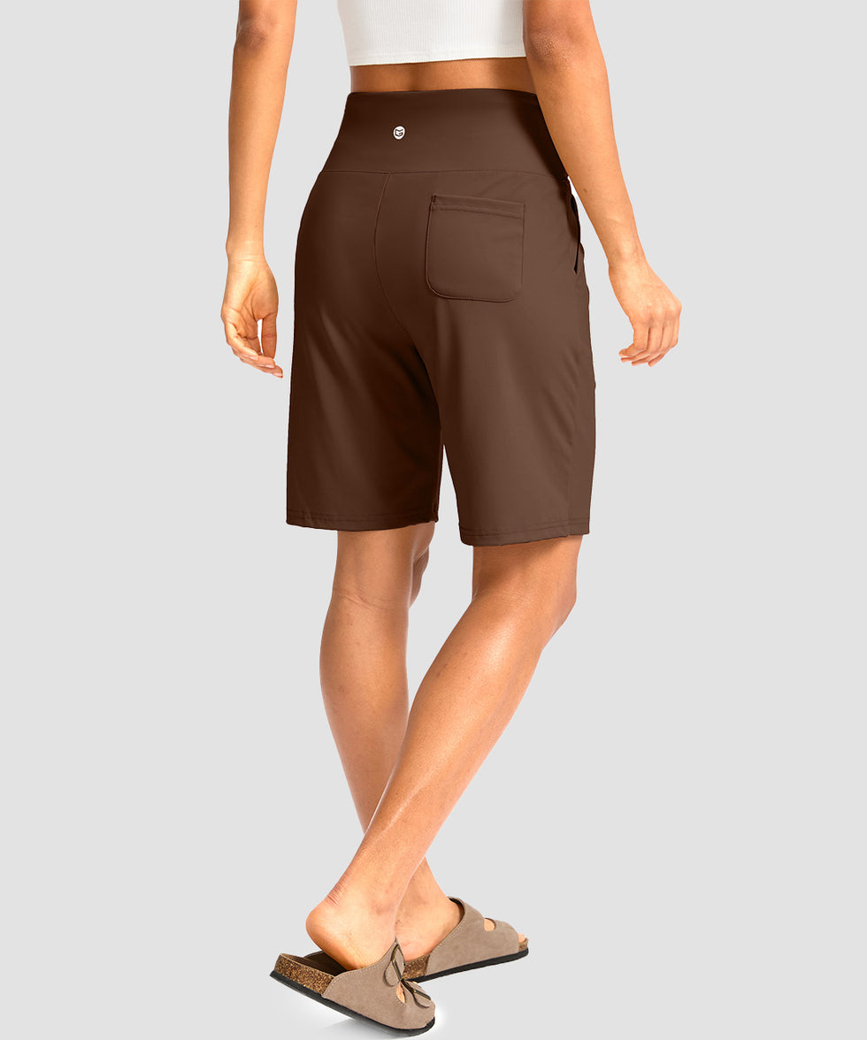 elastic waist bermuda shorts 9" in brown - on model back view