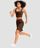 elastic waist bermuda shorts 9" in brown - on model exercise view