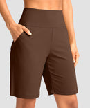 elastic waist bermuda shorts 9" in brown - on model front view