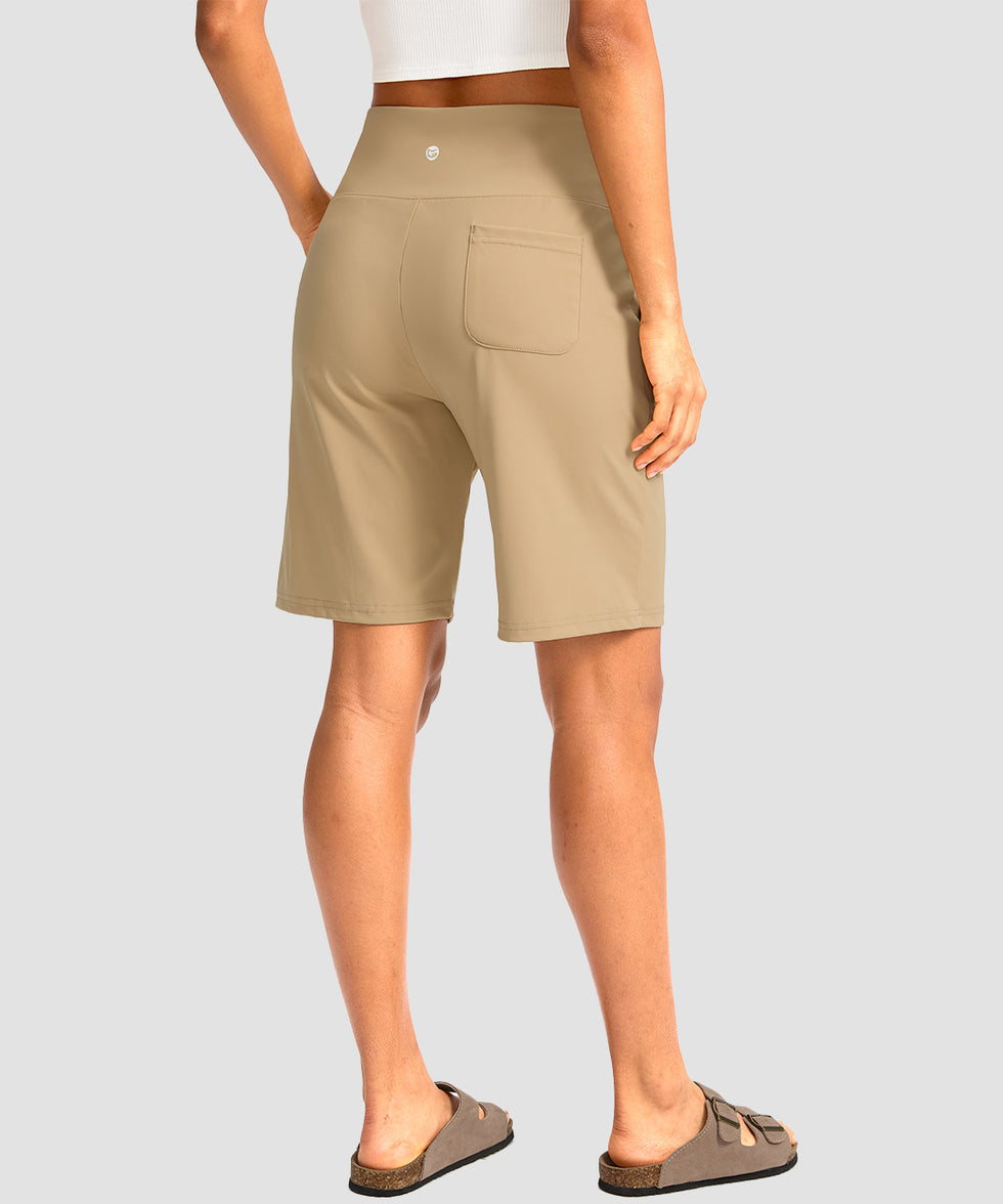 elastic waist bermuda shorts 9" in khaki - on model back view