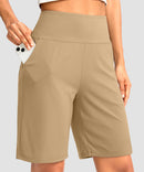 elastic waist bermuda shorts 9" in khaki - on model front view