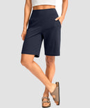 elastic waist bermuda shorts 9" in navy - front view