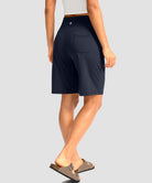 elastic waist bermuda shorts 9" in navy - on model back view