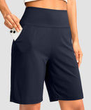 elastic waist bermuda shorts 9" in navy - on model front view