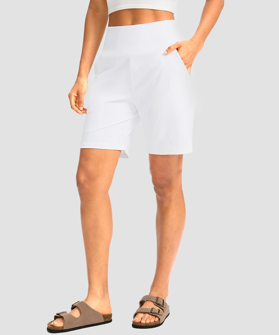 elastic waist bermuda shorts 9" in white - pocket detail view