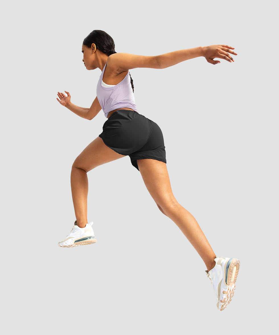 elastic waist lined running shorts 3" in black - on model back view