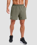 elastic waist split hem shorts 5'' in gray sage on model - front view