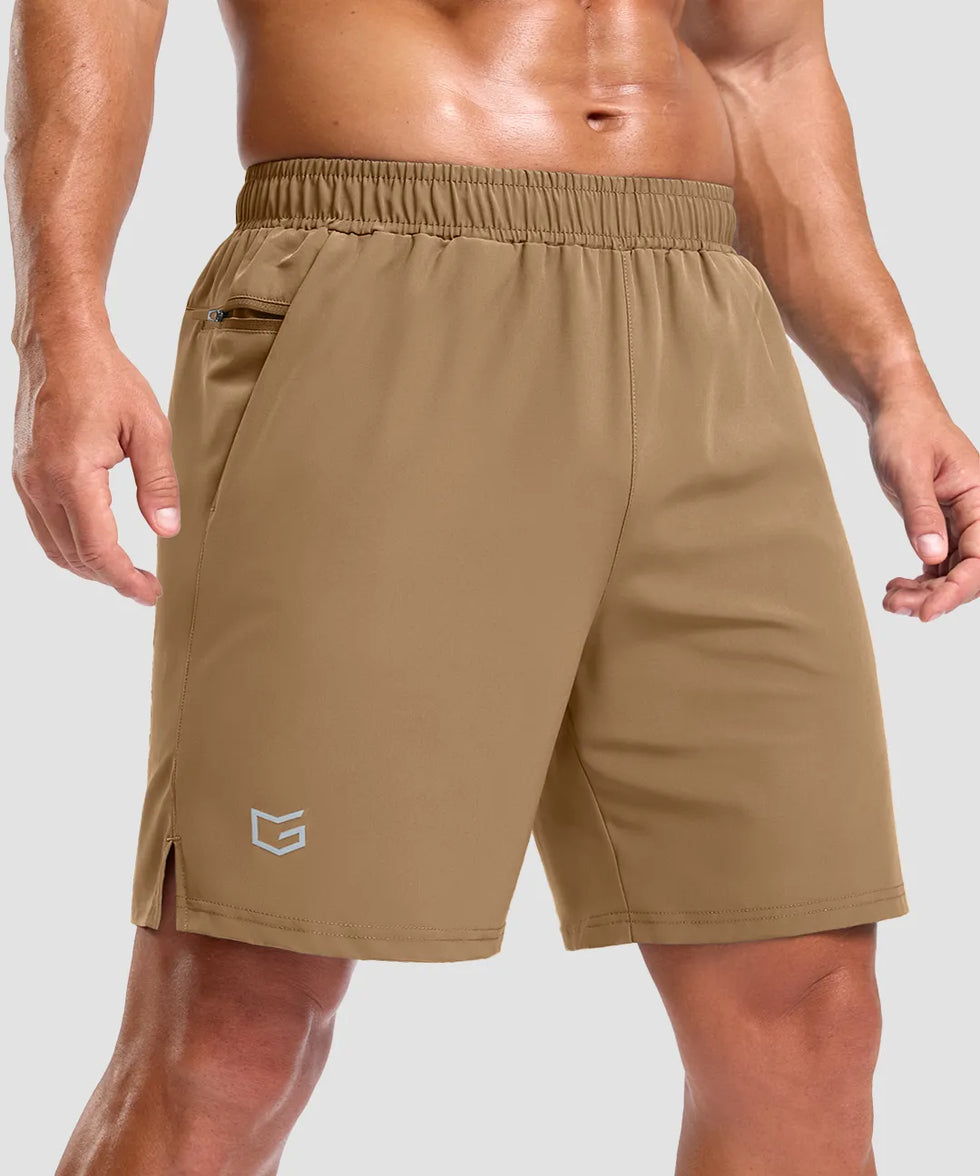 elastic waist split hem shorts 7'' in dark khaki - front view