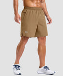 elastic waist split hem shorts 7'' in dark khaki on model - front view