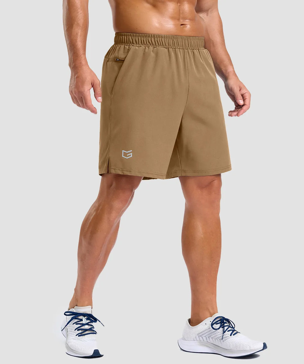 elastic waist split hem shorts 7'' in dark khaki on model - front view