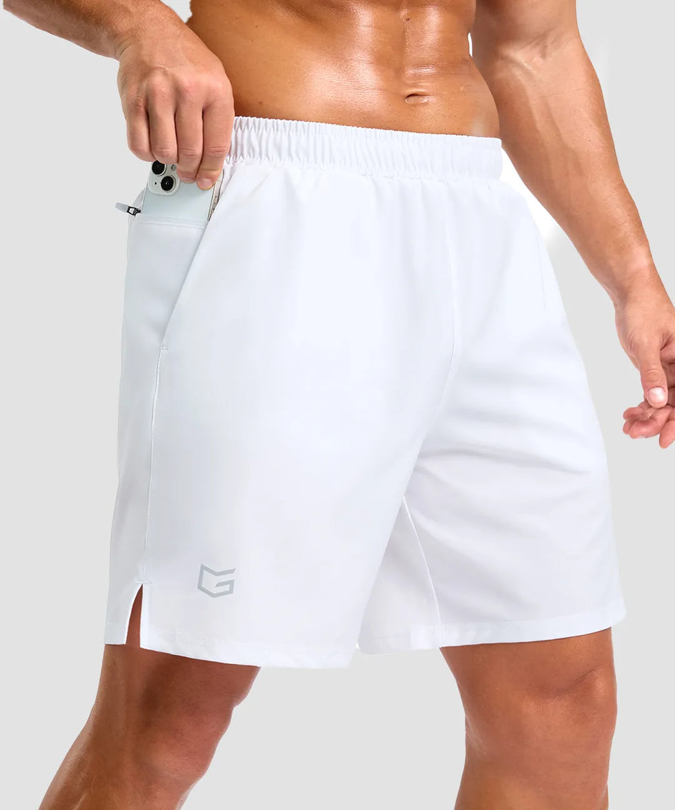 elastic waist split hem shorts 7'' in white - front view