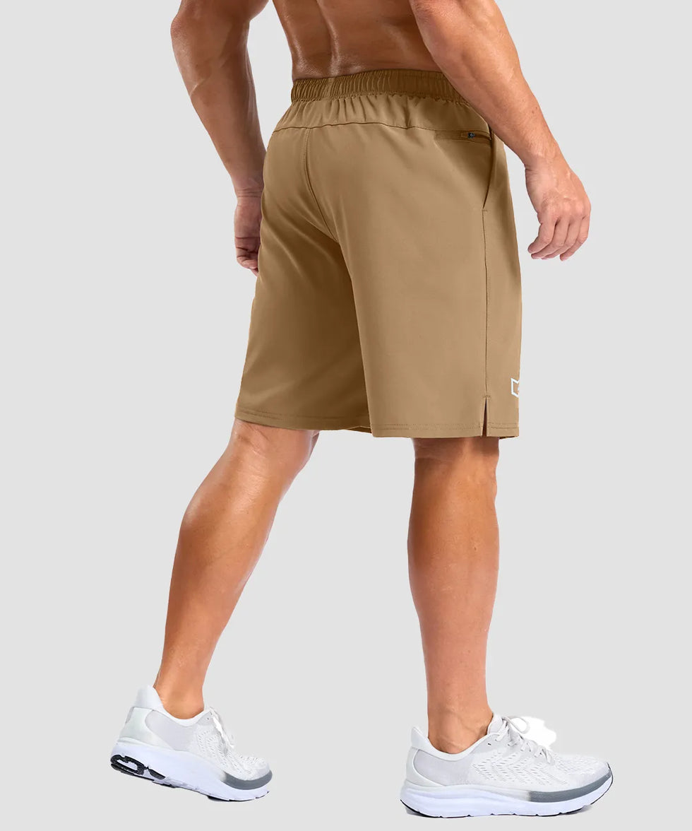 elastic waist split hem shorts 9'' in dark khaki - back view