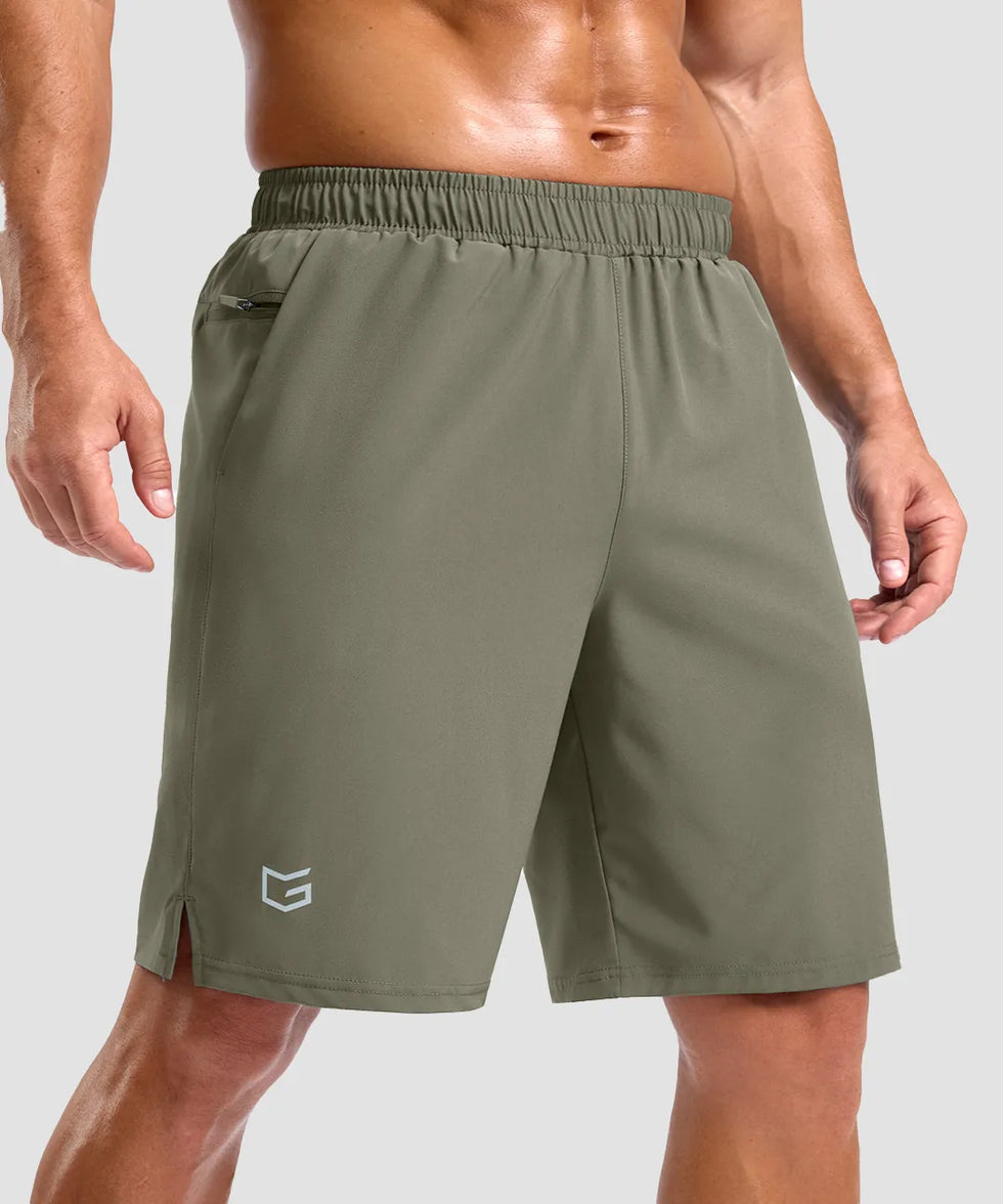 elastic waist split hem shorts 9'' in gray sage - front view