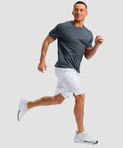 elastic waist split hem shorts 9'' in white on model