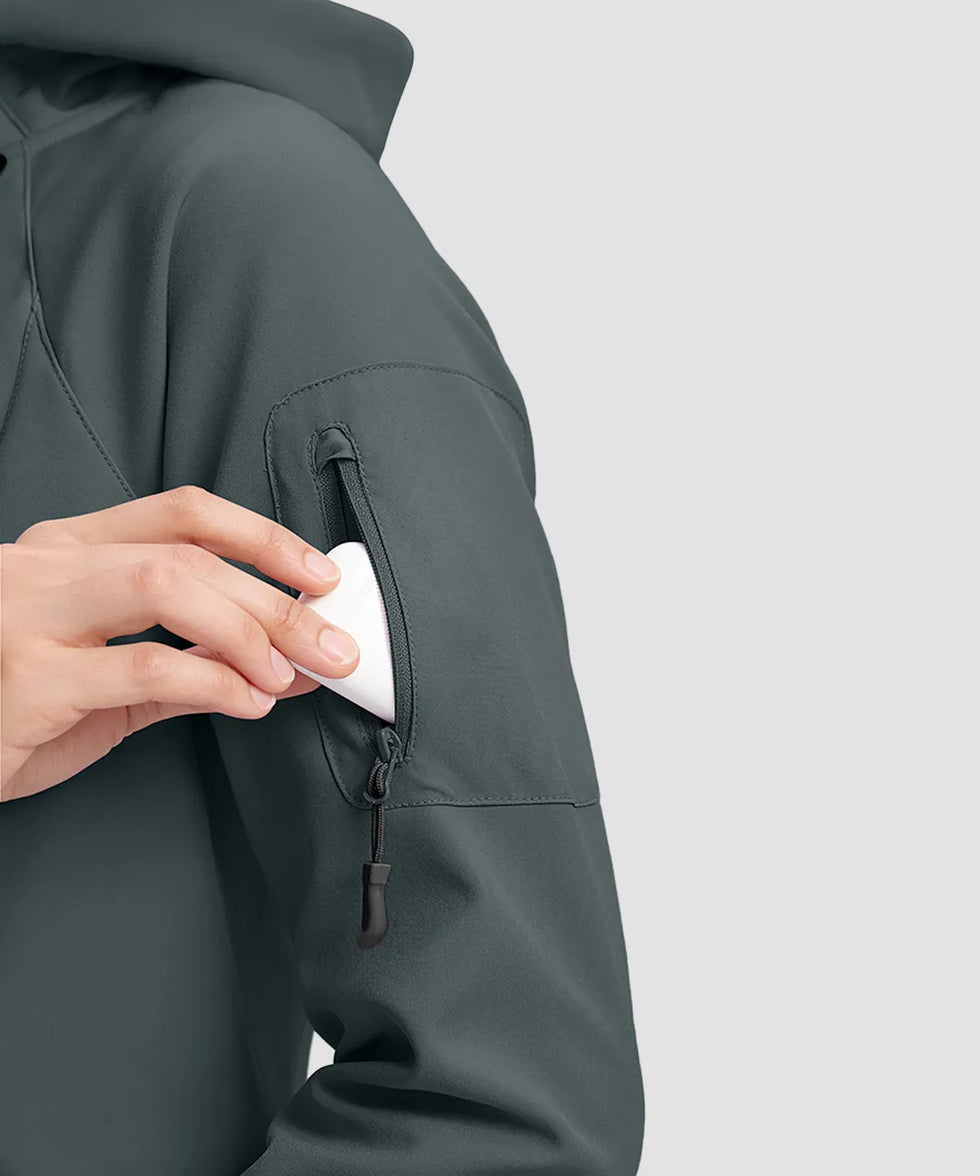 fleece-lined softshell jacket in dark gray - pocket detail view