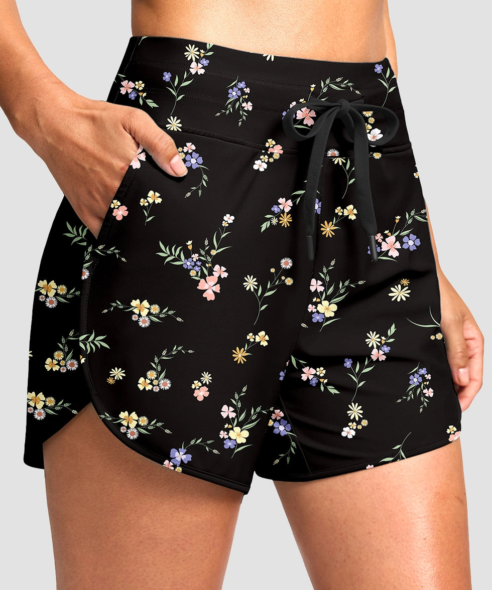 g-drykit™ high waisted pocket swim shorts in black flower - pocket detail view