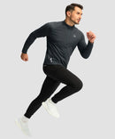 half zip pullover long sleeve in dark gray on model