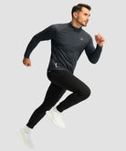 half zip pullover long sleeve in dark gray on model
