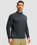 half zip pullover long sleeve in dark gray on model - front view