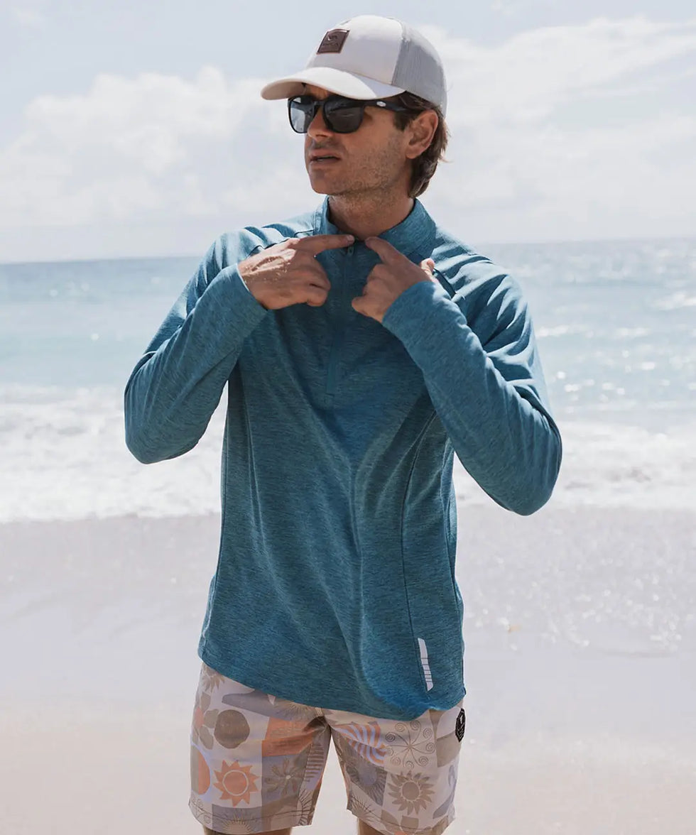half zip pullover long sleeve in harbor blue - on model